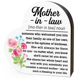 Mother In Law Sign, Mother's Day Gifts for Mother In Law, Best Mom Ever Gifts from Daughter Son, Mom Birthday Christmas Gift Ideas, Valentines Day Heart Wood Block Sign for Moms (4.7" x 4.7")-C07