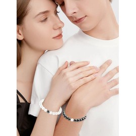Stocking Stuffers for Teens Coulpe Bracelets for Him and Her Long Distance Bracelets for Couples Elastic Matte Hematite Rose Quartz Beads Bracelets Distance Relationship Bracelets for Boyfriends Girlfriends (Black+White)