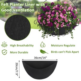 Kaket 3PCS Half Round Fabric Planter Liners, Fabric Plant Liners 14inch, Half Circle Felt Hanging Basket Liners for Wall Hanging Basket Planter (Black, 14 Inch)