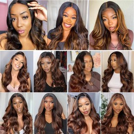 Niciitysi Ombre P1B30 Body Wave Bundles Human Hair Highlight Brown 3 Bundles 10 12 14 inch Two Tone Black Mixed With Brown Bundle Double Weft Brazilian Hair Extensions Silky and Soft
