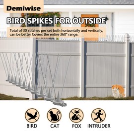 Demiwise Bird Spikes, 16 Packs Pigeon Deterrent, Stainless Steel Bird Spikes Deterrent for Outside, Spikes Coverage 16 Feet, for Patio, Balcony and Garden Fence