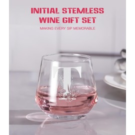 Physkoa Personlized Etched Initial T Stemless Wine Glass-Monogrammed Gifts for Women-Customized Initial Birthday Gift for Women-Dishwasher Safe
