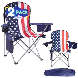 EZONE Set of 2 Camping Chairs with Built-in Ice Cooler, Portable Chair, Storage Pocket, Cup Holder, and Carry Bag Perfect for Camping, Tailgating, Fishing, Beach, and Lawn (2, Flag)