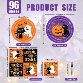 96 Pieces Halloween Party Tableware Set – Cute Black Cat Ghost Disposable Plates, Napkins and Orange Forks for Trick or Treat, Spooky Halloween Haunted House Celebration – Serves 24 Guests