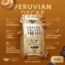 Coffee Uplifts People Peruvian Decaf Coffee - Decaf Whole Bean Coffee Medium Dark Roast - Single Origin, Specialty Grade Coffee Beans, 100% Arabica Coffee, Fair Trade - Chocolate & Almond Notes -12oz