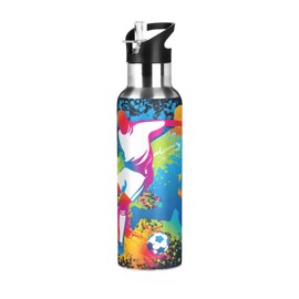 Soccer Ball Player Water Bottle with Straw Lid Kids Insulated Stainless Steel Water Flask Sports, 20 Oz Hot Cold
