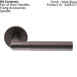 PAIR Knurled Round Bar Handle on Round Rose - Concealed Fix - Matt Black | Door Handle Lever on Screwless Rose - Internal Door Hardware - Screws, Fixings and Spindle Included