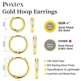 Poxtex Small Gold Hoop Earrings Set for Women, 2025 Dainty and Trendy Jewelry 3 Pairs 8mm/10mm/12mm
