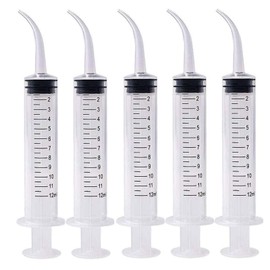 Pack of 5 Dental Syringe 12 ml Graduated Transparent Plastic Dental Irrigation Syringe with Curved Tip for Dental Care, Animal Care