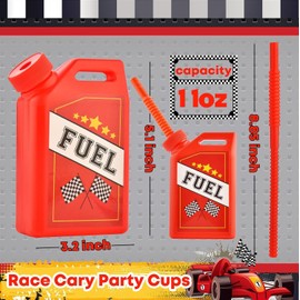 VITEVER 12 Pack Kids Party Cups, 11 oz Race Car Cups with Straws and Lids, 11 oz Red Petrol Tank Drinking for Racing Car Theme Party Decorations