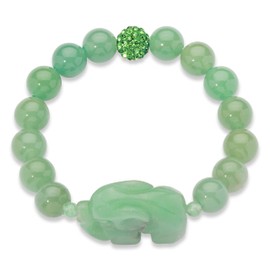 PalmBeach Genuine Green Agate and Simulated Emerald Elephant Stretch Bracelet (10mm), 8 inch Length