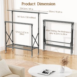 vallume Clothes Rack, Double Rods Clothing Racks with Wheels, Adjustable Wardrobe Coat Rack with Bottom Shelves Extendable Bar, Heavy Duty Rolling Clothes Organizer Collapsible Standing Garment Rack