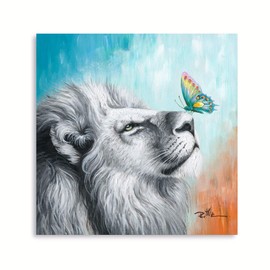 Yidepot Colourful Lion and Butterfly Wall Art: White Lion Playing with a Cute Butterfly, Picture for Kids’ Bedroom, Bathroom, Wall Decor, 30 x 30 cm