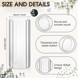 Ninehaoou 12 Pcs Glass Cylinder Vases for Centerpieces 8 Inch Clear Ribbed Tall Bud Vase for Centerpieces for Flower Wedding Decoration Floating Candle and Indoor Home Decor, Housewarming Gift