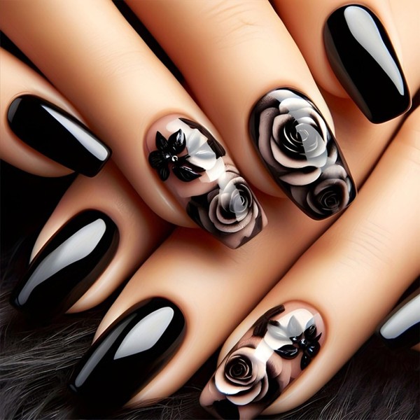 24PCS Rose Press On Nails – Shiny Black Roses with