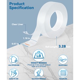 YOGEERNIC Double Sided Tape(3.28FT), Heavy Duty Clear Nano Adhesive Mounting Tape for Wall Decor, Waterproof Reusable Sticky Tape for Hanging Picture, Poster, Carpet, Photo, Deco etc.