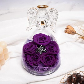 Yamonic Birthday Gifts for Mom Grandma,Glass Angel Figurine with Five Real Roses Gifts, Preserved Flowers Rose Gifts for Women, Her, Mother, for mom, Christmas Valentine Day Gifts