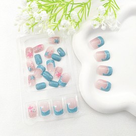 Short Press on Nails Square Blue Waves French Tip Fake Nails Starfish Glitter Design Acrylic Transparent Glue on Nails Cute Summer False Nails Square Short Nails Press ons for Girls 24Pcs