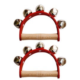 2pcs Hand Jingle Bells, 5 Bells Wooden Handheld Wrist Sleigh Bells, Wooden hand percussion instruments, music teaching tools (Red)