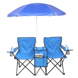 Portable Outdoor 2-Seat Folding Chair with Umbrella & Side Table Lightweight Double Picnic Camping Chair W/Cup Holder Patio Compact Lawn Beach Chair Table Set with Sun Shed for Poolside Garden Yard