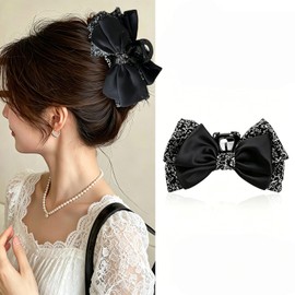 Hair Clip, Ribbon, Large, Hair Clip, Secure, Lots of Hair, Fashionable, Floral Print, Small Face, Hair Ornament, Hair Accessory, Gift, Black (Black 2)