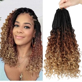 Goddess Box Braids Crochet Hair -14 Inch 8 Packs Pre Looped Bohomian Box Braid Crochet Hair for Black Women, Boho Crochet Braids with Curly Ends,Crochet Box Braids Synthetic Hair Extensions 1b/30/27