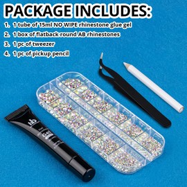 Nail Art Rhinestone Glue Gel&1 Box Flatback Gems Accessories Kit, 1 Tube of 15ml Rhinestone Gel Glue(UV/LED Needed)+Crystal AB Gems with Pickup Tools