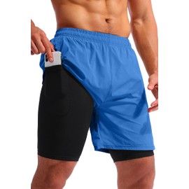 Pudolla Pantalones cortos de correr 2 en 1 para hombre, 7 pulgadas, secado rápido, pantalones cortos de entrenamiento atlético, para hombre con bolsillos para teléfono, Azul Real, X-Large