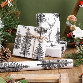LeZakaa Christmas Wrapping Paper Jumbo Roll, Reindeer & Snowy Pine Trees in Black & White Sketch-style Xmas Design, Holiday Party Gift Wrap for Kids Boys Girls, 30 in x 100 ft(250 sq.ft.)