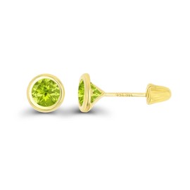 Solid 14K Yellow Gold 4mm Round Natural Green Peridot August Birthstone Bezel Screw Back Stud Earrings