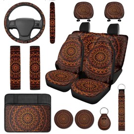 DBBXHZJY 14 Pcs Orange Mandala Car Seat Covers Full Set with Auto Steering Wheel Cover Armrest Cushion Protector Seat Belt Covers,Flower Automotive Interior Sets Unverisal Fit Cars SUV Turcks
