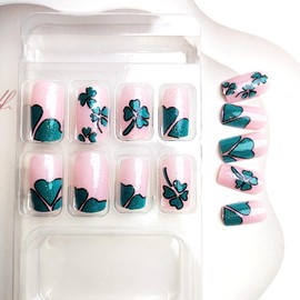 Lucky Clover Press on Nails Medium Square St Patricks Day Fake Nails with Silver Glitter Design Green Clover Tips False Nails St. Patrick's Day Glue on Nails Artificial Stick on Nails for Women Girls