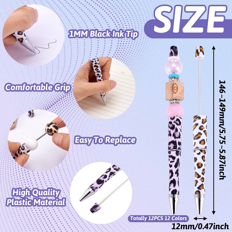 Beadthoven 12pcs Plastic Beadable Pens Set Beaded Ballpoint Pens Leopard