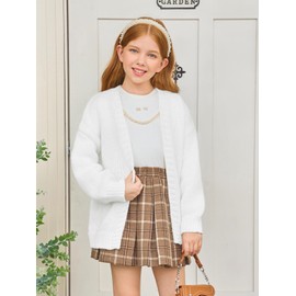 Haloumoning Girls Long Sleeve Cardigan Kids Casual Open Front Chunky Sweater Fall Outerwear 5-14Y White