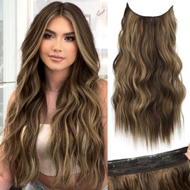 KooKaStyle Invisible Wire Hair Extensions with Transparent Headband Adjustable Size 4 Secure Clips Long Wavy Highlight Hairpiece 20 Inch Balayage Chocolate Brown to Caramel Blonde for Women
