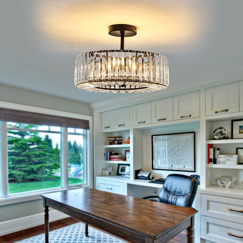 DAFKOS 4 Lights Modern Crystal Chandelier Black Round Semi Flush