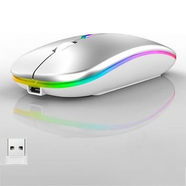 LED Wireless Mouse, Slim Silent Dual-Mode 2.4G+BT Rechargable 7-Color Portable Mobile Optical Office Mouse with USB Receiver, 3 Adjustable DPI Levels for Notebook, PC, Computer, MacBook (Silver)