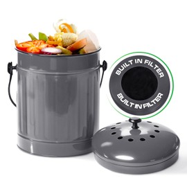 Plexon Countertop Compost Bin Kitchen with Lid, Gray 1.5 Gallon Odorless Container, Steel Food Compost Bucket for Kitchen with Charcoal Filter, Compost Pail for Countertop