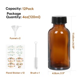 STARSIDE 12 Pack 4 oz Amber Glass Bottles with Lids, 120 ml Round Boston Bottles for Essential Oils, Hot Sauce, Juice, Liquids, Include 1 Brush,1 Funnel, 12 Labels.