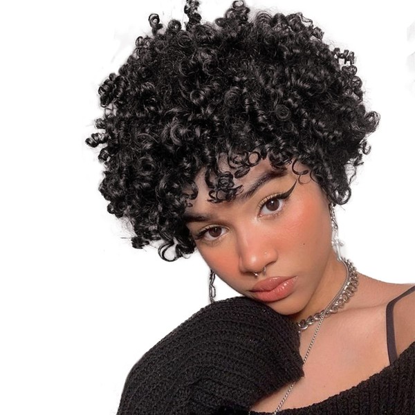 Queentas Curly Wigs Real Hair Women's Short Afro Wig Black Short Hair Wig Real Hair for Women with Fringe for Cosplay Fancy Dress Party Natural Spiral Curls