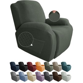 JIVINER 4-Piece Recliner Chair Covers Stretch Jacquard Covers for Reclining Chair Recliner Slipcovers for Living Room Soft Recliner Protector with Pocket (Recliner, Army Green)
