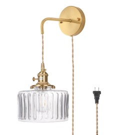 Shenmoyl Vintage Wall Sconce Wall Lamp with Clear Striped Glass Shade Hanging Wall Sconce with 4.9FT Plug in Cord, Modern Wall Lamp Fixtures Decor for Bedside Bedroom Indoor Doorway