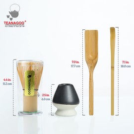TEANAGOO Japanese Matcha Ceremony Accessory, Matcha Whisk (Chasen), Traditional Scoop (Chashaku), Tea Spoon, Matte Black Whisk Holder,I4, The Perfect Set to Prepare a Traditional Cup of Matcha.