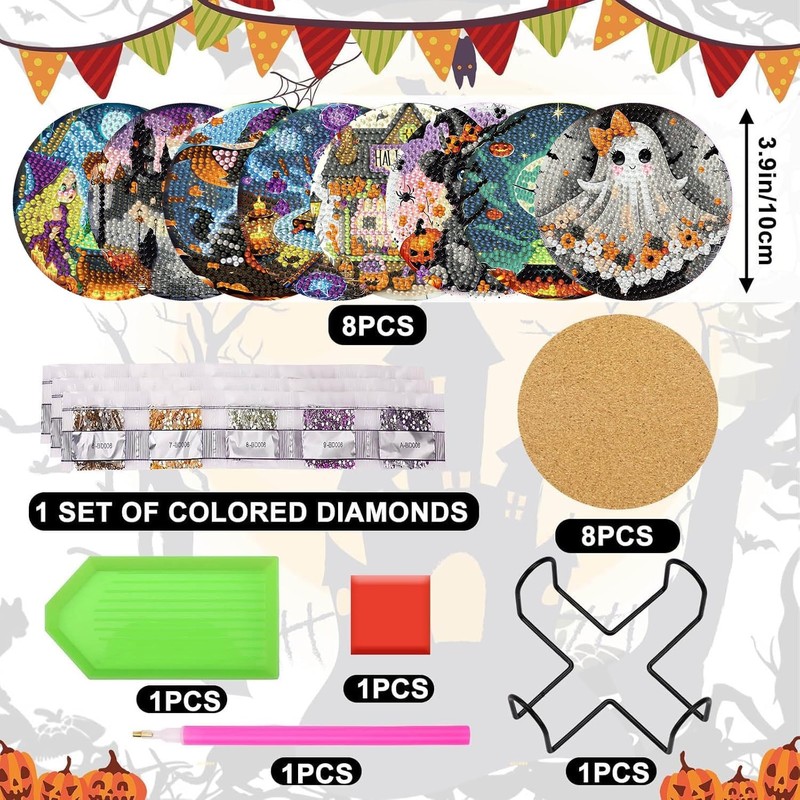 Axquilon 8 Pcs Halloween Diamond Art Coasters Kit for Adults