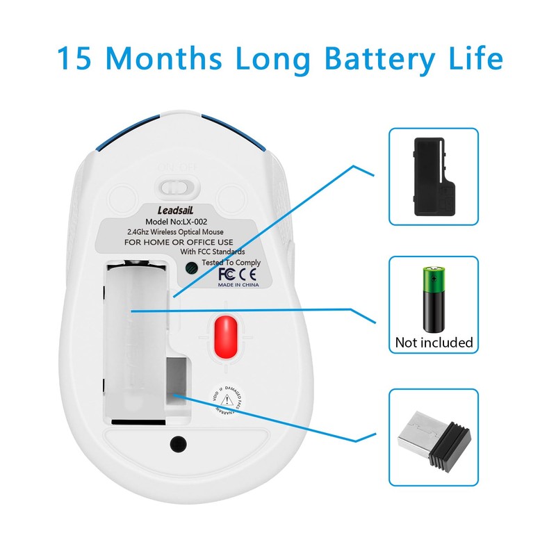 LeadsaiL Quiet Wireless Mouse 2.4 GHz 1600 DPI Optical Tracking,
