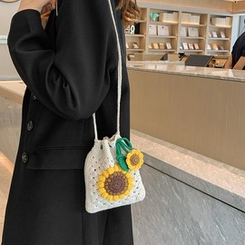 HIPIHOM Handmade Sunflower Crochet Bag Knitted Shoulder Phone Bag Crossbody Bag Beach Women Messenger Shoulder Bags Girls Woven Purse (Beige)