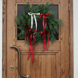 Suncalla Norfolk Pine Christmas Wreath with Ribbon Bow 20'' Faux Artificial Cedar Greenery Wreath with Red White Bow for Xmas Front Door Window Mantel Indoor Outdoor Decoration