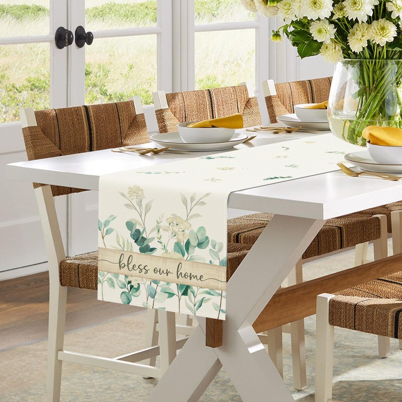 Bonhause Eucalyptus Leaves Table Runner 13x90 Inch Green Plants White