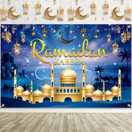 Heartsking Ramadan Mubarak Decoration, Umrah Mubarak Decoration Blue Extra Large Ramadan Decoration Eid Mubarak Background Banner, Ramadan Kareem Banner Star Moon for Muslim Islamic Party Ramadan