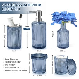 Blue Bathroom Accessories 5 Pcs, Glass Bathroom Accessory Set, Vintage Blue Bathroom Set, Royal Soap Dispenser and Toothbrush Holder Set, Qtip Holder, Small Flower Vase, Modern Bathroom Decor